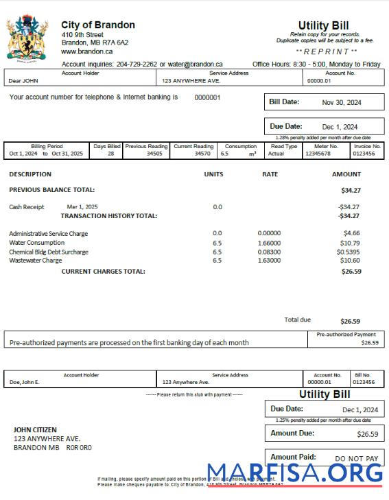 Downloadable Canada City of Brandon utility bill template in Word and PDF formats